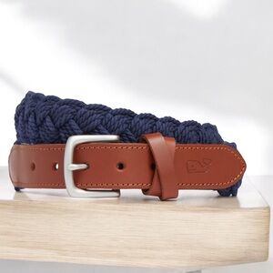 Men’s Vineyard Vines NWT Navy Blue Braided 100% Cotton and Genuine Leather Belt